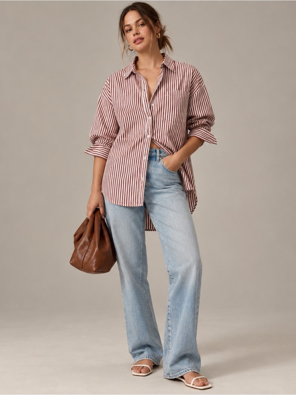Anthropologie Maeve The Bennet Buttondown Shirt Large Red White Stripe Oversized